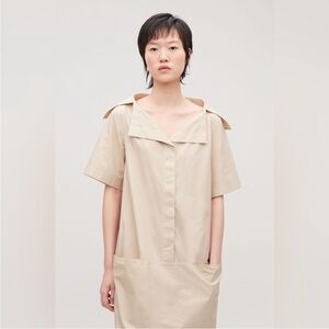 COS Oversized Open Collar Shirt Dress, Front Pockets, Beige Tan, Women’s 2